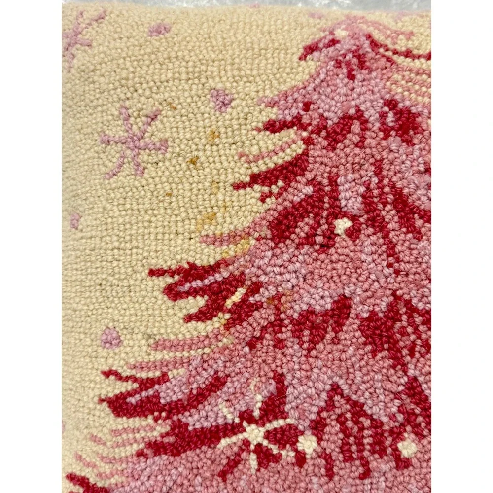 Peking Handicraft Pink Christmas Tree Hand Hooked Wool Pillow Velvet Back 18x18